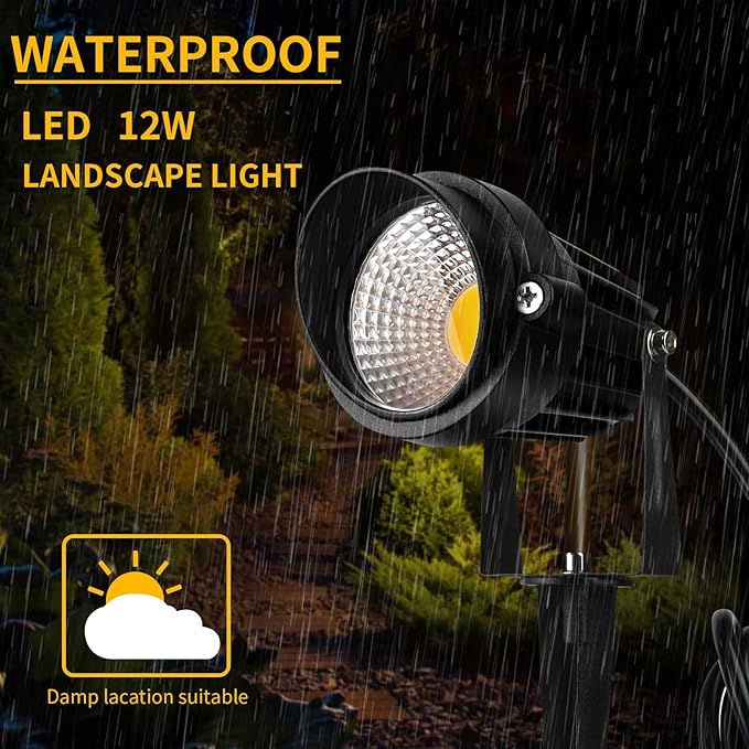 Outdoor LED Warm White Spotlights, 3000K Landscape Spot Lights, 12W IP65 Waterproof Metal Case SpotLighting with Spiked Stand for Lawn Decorative Lamp (4 Pack)