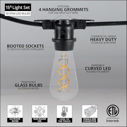 Wintergreen Lighting 15' FlexFilament LED ST64 Edison Patio Lights, Commercial Grade LED Patio Lights, 10 LED Filament Bulbs, 18" Spacing Outdoor Patio Lights