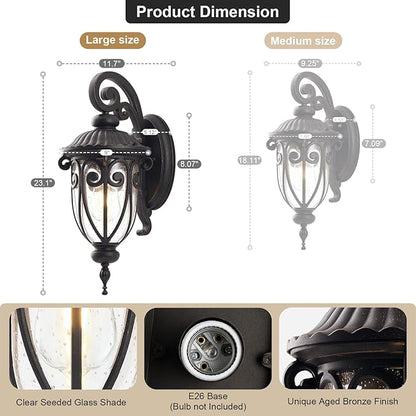 23 Inch Large Porch Light Outdoor Wall Lights for Patio, Antique Bronze Exterior Wall Lantern Sconce with Clear Seeded Glass Shade, Vintage Outside Porch Lighting for Garage