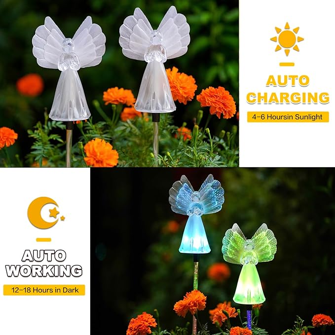 Outdoor Solar Garden Lights,4 Pack Solar Angel Decorative Lights, IP67 Waterproof Color Changing LED Solar Outdoor Lights,Solar Stake Lights for Cemetery Grave Garden Patio Yard Lawn Decoration