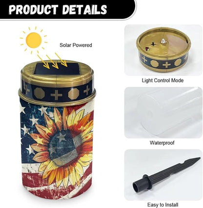 American Flag Cemetery Solar Lights for Grave Waterproof and Weather Resistant Solar Lights Outdoor Pathway Flameless Solar Powered Light for Prayer Grave Decor Candle Lamp