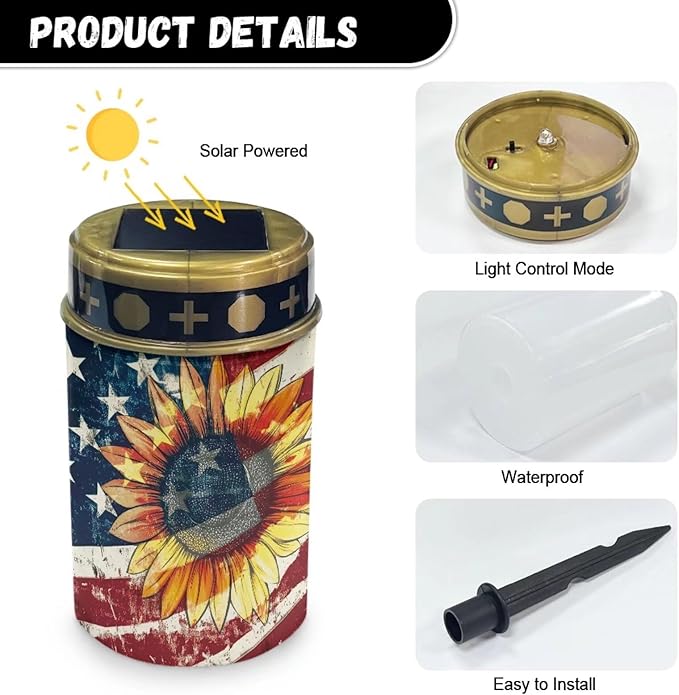 American Flag Cemetery Solar Lights for Grave Waterproof and Weather Resistant Solar Lights Outdoor Pathway Flameless Solar Powered Light for Prayer Grave Decor Candle Lamp