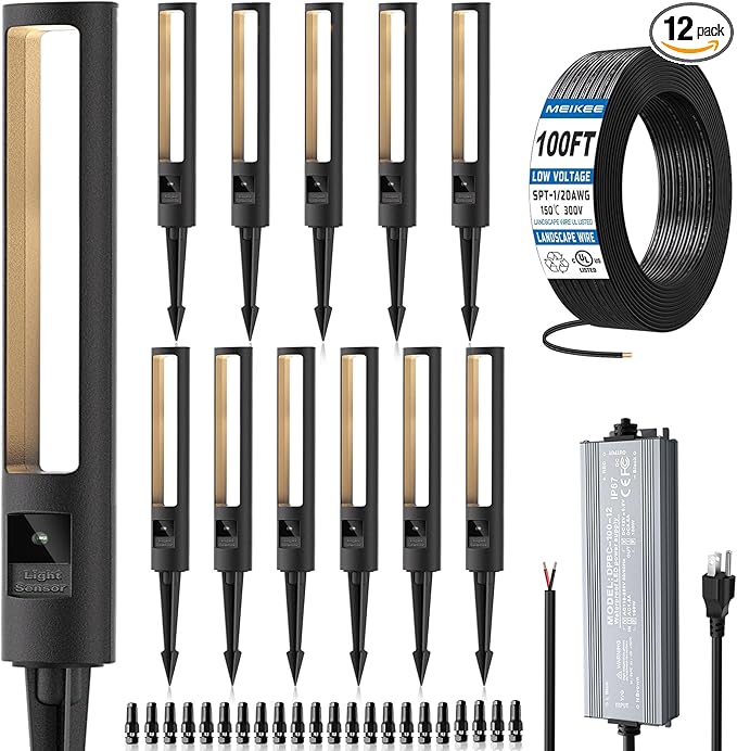 MEIKEE 5W Pathway Lights Low Voltage, 12-24V Auto On/Off Landscape Lights with 100W Transformer 100FT Cord, 2700K Warm White Aluminum Landscape Outdoor Lighting for Yard Path Garden Lawn 12-Pack