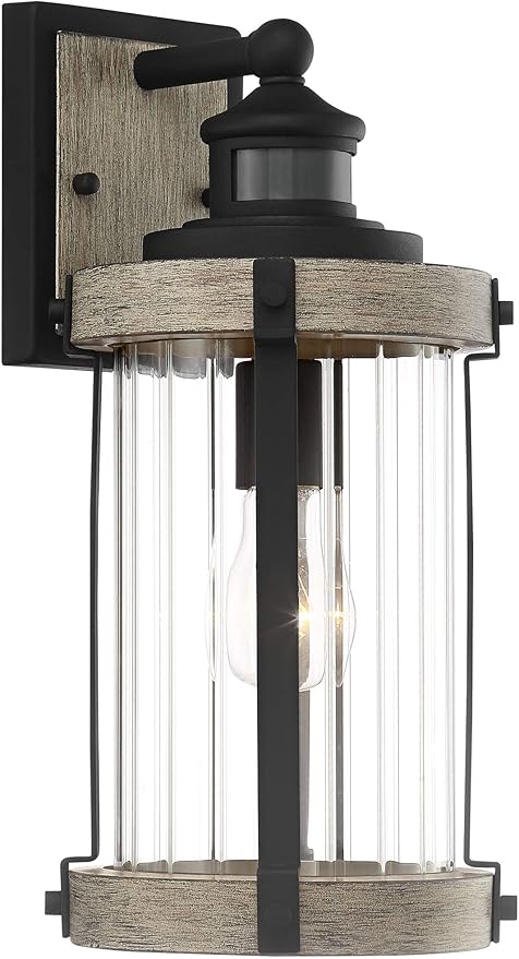 John Timberland Stan Rustic Outdoor Wall Light Fixture Wood Finish Black 15 1/2" Pleated Glass Motion Sensor Dusk to Dawn Decor for Exterior House Porch Patio Outside Deck Garage Yard Front Door