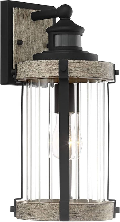 John Timberland Stan Rustic Outdoor Wall Light Fixture Wood Finish Black 15 1/2" Pleated Glass Motion Sensor Dusk to Dawn Decor for Exterior House Porch Patio Outside Deck Garage Yard Front Door