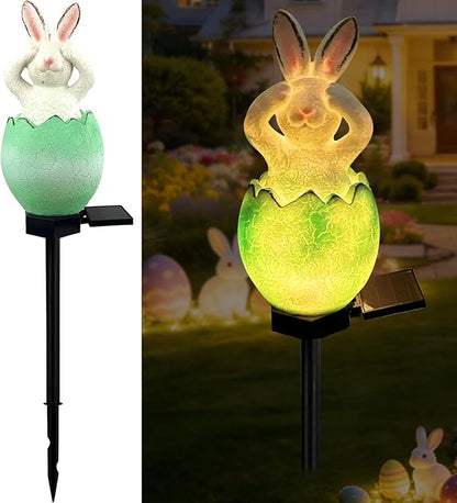 Solar Easter Egg Bunny Lights Outdoor, Waterproof Easter Solar Lights Rabbit Bunny Garden Statue Easters Yard Egg Decorations Outdoor for Outside Cemetery Grave (Green Don't See)