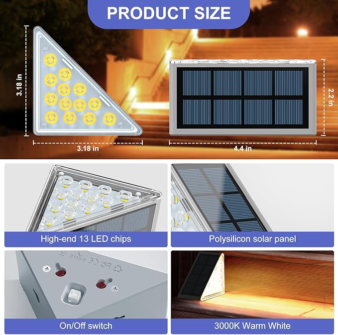 Solar Step Lights for Outside, 6 Pack Outdoor Waterproof IP67 Stair Lights, Powered for Front Porch, Pathway, Patio, Deck Decor, 3000K Warm White