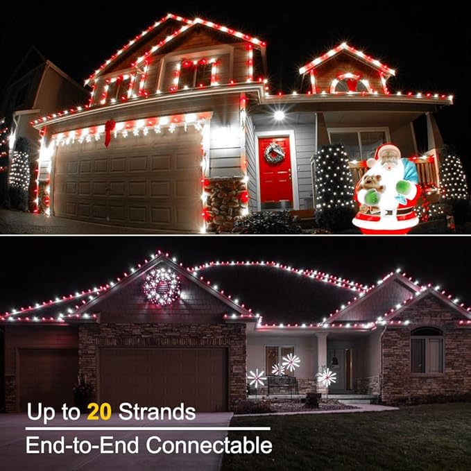 Brizled C5 Christmas String Lights, 33ft 100 LED Christmas Tree Lights, 120V Connectable Faceted Xmas String Light Indoor Outdoor Xmas Lighting for Home Tree Roof Party Decor, Red & Cool White, 2 Pack