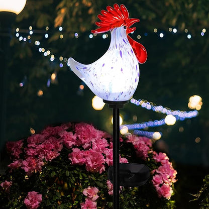 Afirst Decorative Solar Lights Outdoor Solar Rooster Stake Lights Hand Blown Glass Decorative Garden Pathway Lights Outdoor Waterproof Glass Stakes