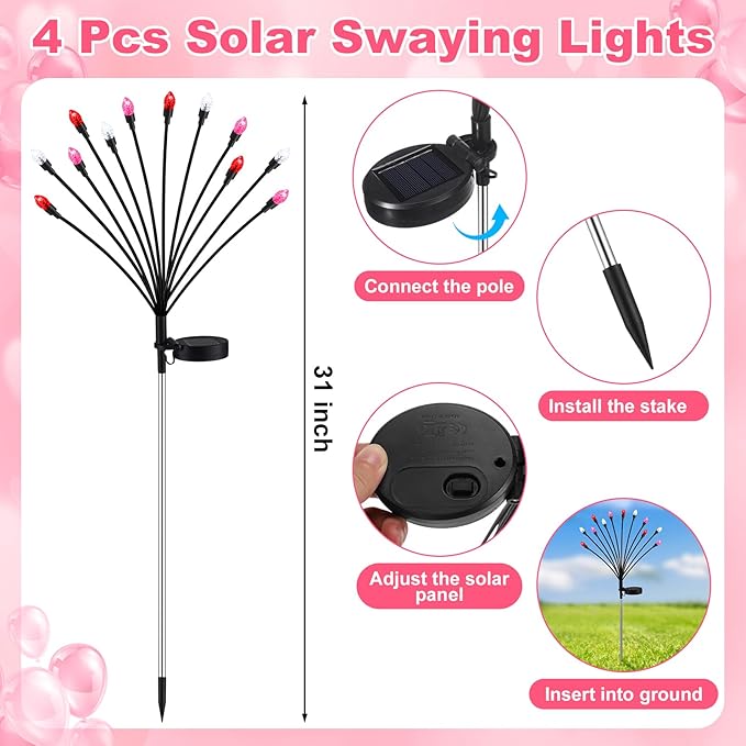 4 Pcs St Patricks Day Outdoor Decorations Solar Lights Waterproof Green 48 LED Swaying Pathway Firefly Stake Lights for Outside Yard Garden Lawn Decorations(Pink White,Pine Cone)