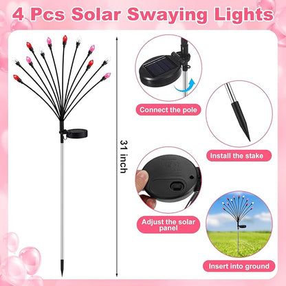 4 Pcs St Patricks Day Outdoor Decorations Solar Lights Waterproof Green 48 LED Swaying Pathway Firefly Stake Lights for Outside Yard Garden Lawn Decorations(Pink White,Pine Cone)