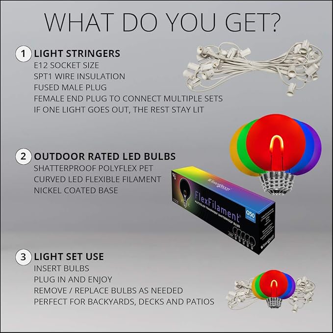 Wintergreen Lighting 10' Shatterproof FlexFilament LED Party Lights Globe String Lights G50 Backyard Lights Multicolor Outdoor Patio Lights String (10 Bulbs on White Wire)