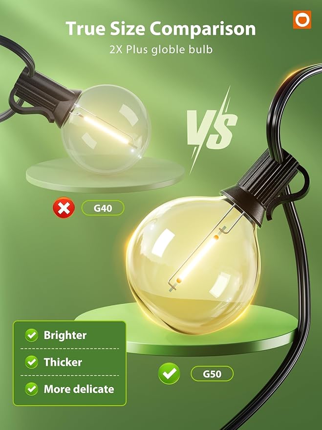 addlon 50FT Solar String Lights for Outside G50 Waterproof with USB Port Solar Patio Lights Outdoor Solar Powered LED Bulbs 3 Light Modes for Backyard Porch Garden Market Bistro Camping