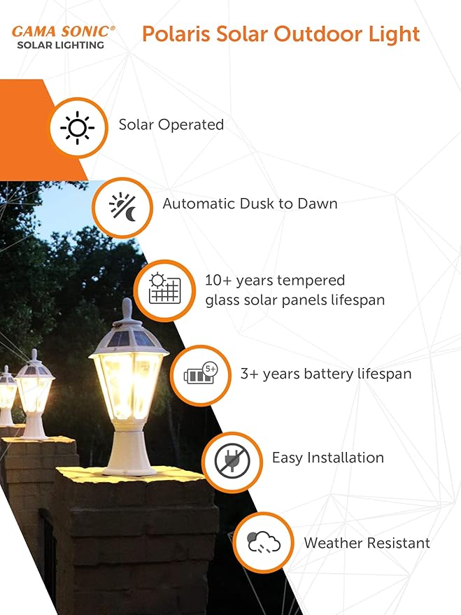 Gama Sonic Polaris Solar Light with GS Solar Light Bulb – Wall/Pier/3″ Fitter Mounts (178233), White Finish