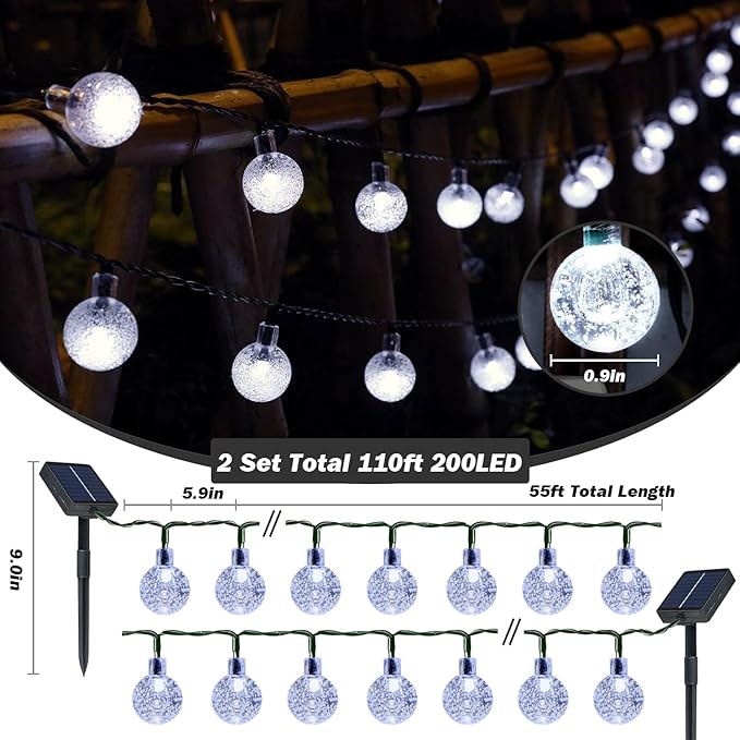 Solar Lights Outdoor Waterproof, 2 Pack Total 200LED 110FT Solar String Lights for Outside with 8 Modes, Outdoor String Lights Crystal Globe Patio Lights for Garden Yard Party Decor(Warm White)