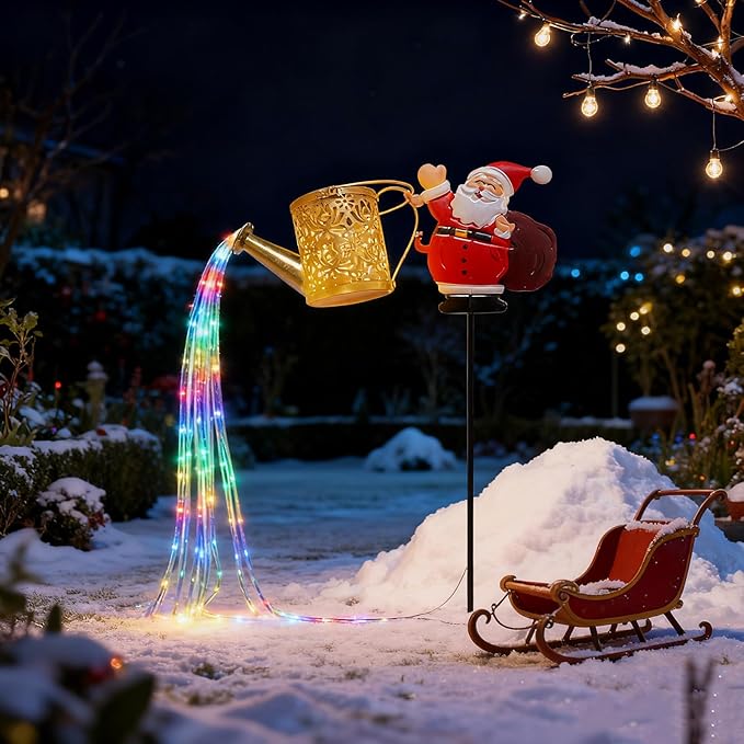 Christmas Solar Kettle Lights, Light Solar Santa Claus Watering Can LED Light, Waterproof Solar Powered Lawn Decorative Lights for Outdoor Christmas Pathway Decoration (Rainbow B, Kettle Lights)