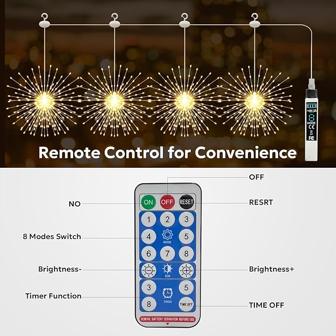 Firework Lights Outdoor 800 LED, String Light USB Rechargeable Battery Powered Smart with Remote, 8 Modes, Timer for Christmas Tree Birthday Party Decorations Indoor Bedroom Night Light, 4 Packs