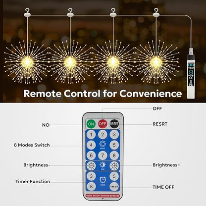 Firework Lights Outdoor 800 LED, String Light USB Rechargeable Battery Powered Smart with Remote, 8 Modes, Timer for Christmas Tree Birthday Party Decorations Indoor Bedroom Night Light, 4 Packs