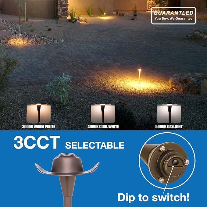 Low Voltage Landscape Path Lighting 6 Pack, 3CCT Selectable LED Path Lights, Aluminium Pathway Lights Wired, ORB Finish 12V 24V DC Compatible with Transformer, US Design Patented, Cowboy Hat