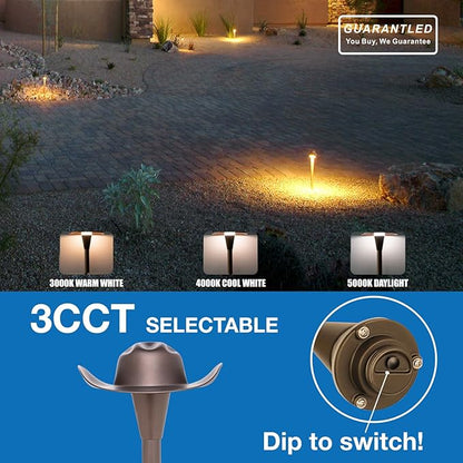 Low Voltage Landscape Path Lighting 6 Pack, 3CCT Selectable LED Path Lights, Aluminium Pathway Lights Wired, ORB Finish 12V 24V DC Compatible with Transformer, US Design Patented, Cowboy Hat