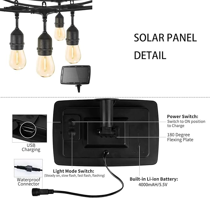 KLED LED Solar String Lights Outdoor 48Ft Waterproof Hanging Lights with S14 15 Shatterproof Bulbs & 4 Light Modes, Outside Backyard Lights for Patio Market Bistro Porch Cafe Decor (48)