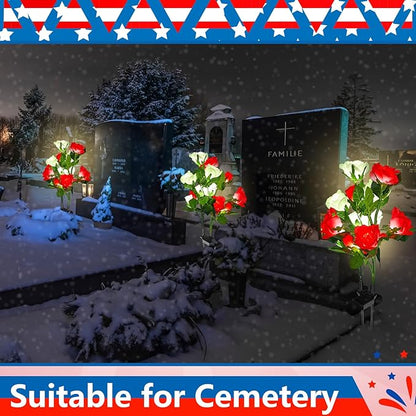 Woanger 4 Pcs Solar Flowers Cemetery Grave Decorations Outdoor LED Flower Lights with 6 Rose Powered Garden Stake Lights Waterproof for Independence Day 250 Anniversary USA Decorations(Red, White)