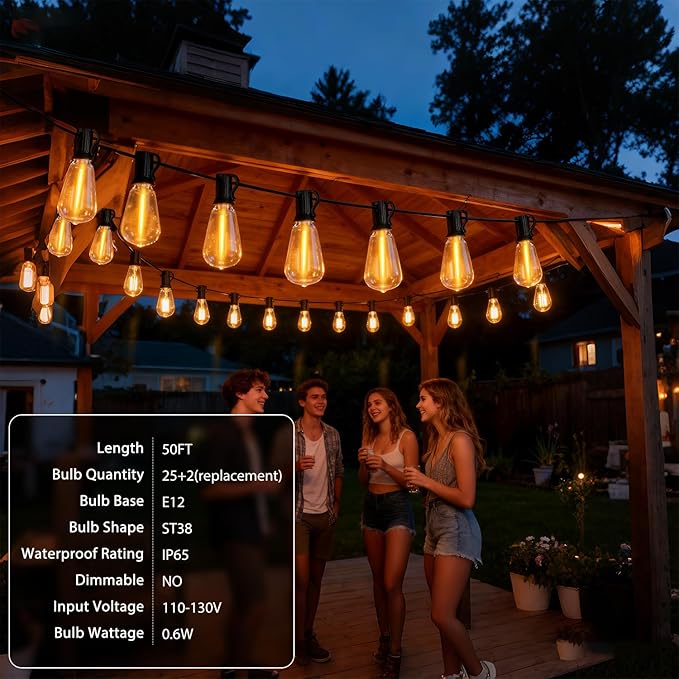 Outdoor String Lights, LED Outdoor Patio Lights Waterproof 50FT with 25+2 Shatterproof ST38 LED Bulbs, 2700K Outside Hanging Light for Backyard, Porch, Deck, Garden, Home Decor