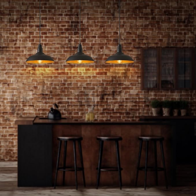 2 Pack Farmhouse Pendant Light for Kitchen, 14in Large Industrial Hanging Lights with Brass Interior, Indoor and | Lumora