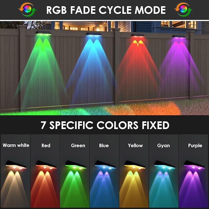 Solar Fence Lights Outdoor Waterproof Led RGB Color Changing Solar Outdoor Lights, Fence Solar Powered Light for Outside, Backyard, Wall, Patio, Deck Railing, Stair (8 Pack)