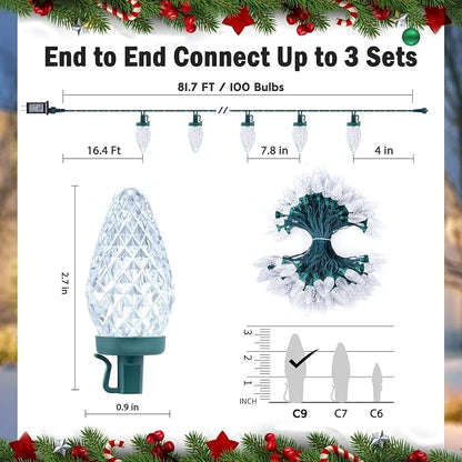 Minetom 100 LED C9 LED Christmas Lights Outdoor, 81FT Lighted Length Plug-in Waterproof C9 String Lights with Timer & Memory Function, 8 Modes, Connectable, for Tree Home Yard Party Indoor, Warm White