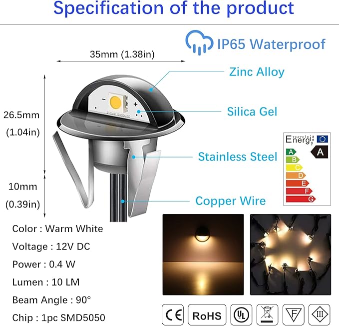 LED Outdoor Deck Lights with Photocell, Φ1.38in Warm White 10 Pack Black, Low Voltage 12V IP65 Waterproof, Electric Wired Recessed Stair Step Riser Mini Under Landscape Lighting for Yard Floor