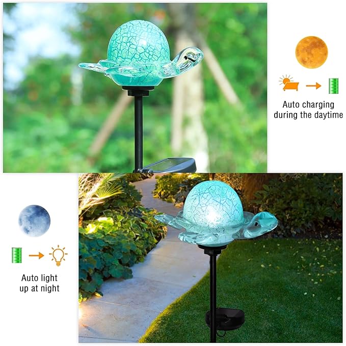 Bshine Solar Garden Decoration Outdoor Turtle Lights, Hand Blown Glass Waterproof Solar Light Stake Decorate Paths, Pathways, Lawns and Yards Art for Mom Gifts