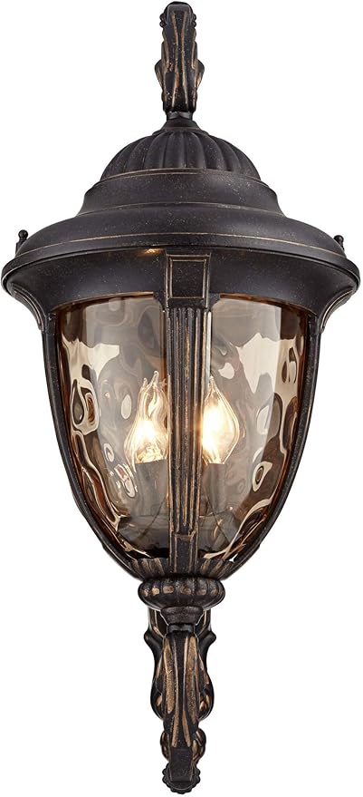 John Timberland Bellagio Outdoor Wall Light Fixture Veranda Bronze Aluminum Double Arm 27 1/2" Champagne Hammered Glass for Exterior House Porch Patio Outside Deck Garage Yard Front Door Home