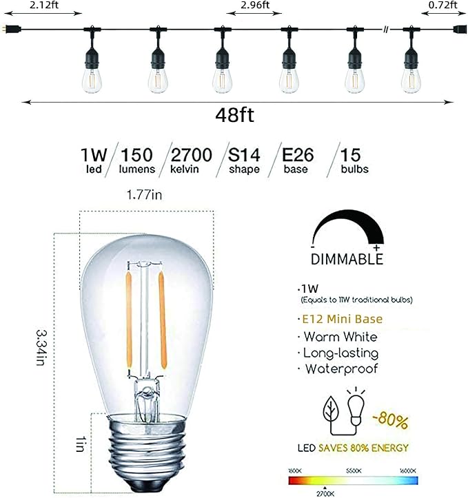 Svater Outdoor String LED Lights 50FT with 2W 48FT S14 Commercial Grade String Lights | Lumora