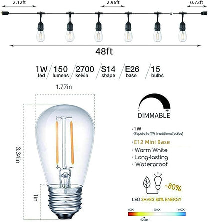 Svater Outdoor String LED Lights 50FT with 2W 48FT S14 Commercial Grade String Lights