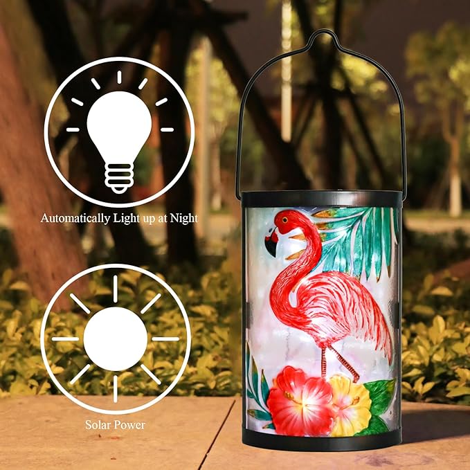 Hanging Solar Lantern Outdoor Waterproof Flamingo Solar Lights Glass Tabletop Decorative Lamp for Outdoor Patio | Lumora
