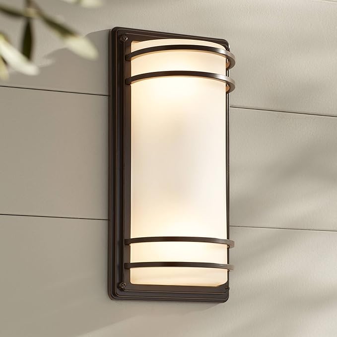 John Timberland Habitat Modern Industrial Outdoor Wall Light Fixture Rubbed Bronze Steel 16" Opal Etched Glass for Exterior House Porch Patio Outside Deck Garage Yard Front Door Garden Home