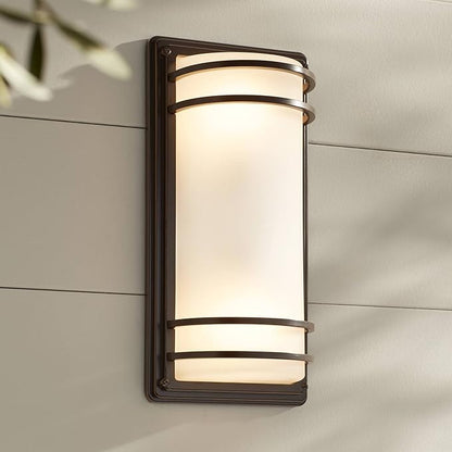 John Timberland Habitat Modern Industrial Outdoor Wall Light Fixture Rubbed Bronze Steel 16" Opal Etched Glass for Exterior House Porch Patio Outside Deck Garage Yard Front Door Garden Home