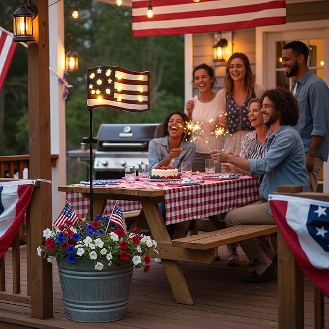 Garden Lights Solar Powered American Flag for Fourth of July Decorations, Memorial Day Decorations Outdoor Tall Patriotic Solar Patio Lights with 12 Vintage Bulbs 49.6" for Yard Pathway Lawn