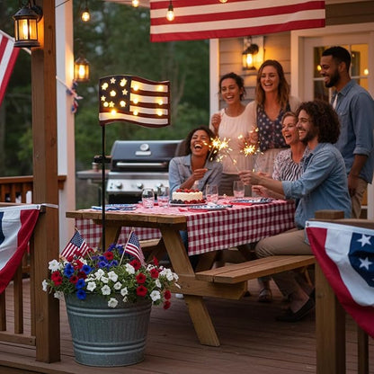 Garden Lights Solar Powered American Flag for Fourth of July Decorations, Memorial Day Decorations Outdoor Tall Patriotic Solar Patio Lights with 12 Vintage Bulbs 49.6" for Yard Pathway Lawn