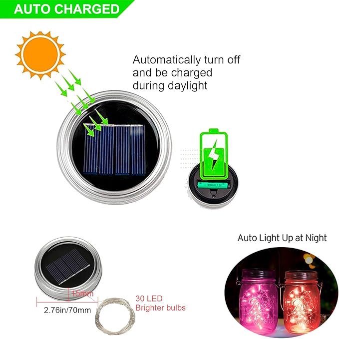 Solar Mason Jar Lights Lids, 10 Pack 30 LED Solar Fairy Lights for Regular Mouth Mason Jars, Outdoor Hanging Mason Jar Lights for Garden Yard Decor, Wedding Christmas Gifts (Jars Not Included)