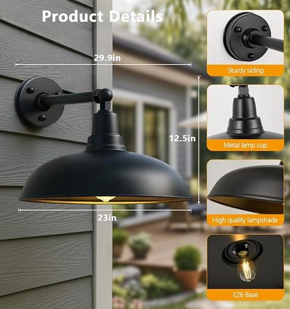 23" Extra Large Outdoor Gooseneck Barn Light - Black Wall Mount Light, Rust-Resistant and Water-Resistant, Classic Farmhouse Design, Suitable for Warehouse, Garage and Porch - 2 Pack