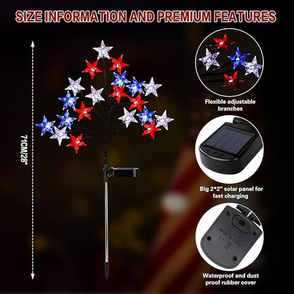 Solar 4th of July Stake Lights, Red White and Blue Lights Outdoor Decorations, Led Patriotic Lights Battery Operated for Memorial Day, July 4th, Veterans Day Outside Decor (2 Individual Pack)