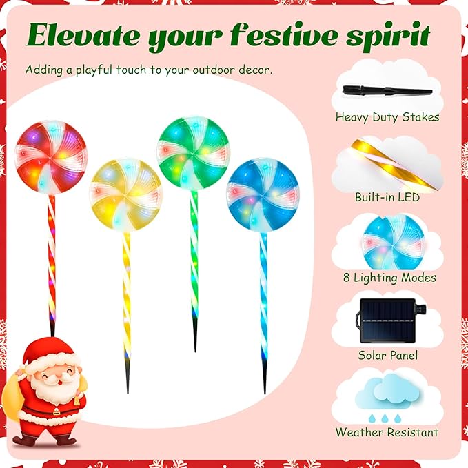Candy Christmas Decorations Pathway Outdoor Solar Lights, 29 inches 80 LED Lighted Lollipop Solar Christmas Lights with 8 Modes Waterproof String Lights, Outdoor Lights for Yard Patio Walkway-4PCS