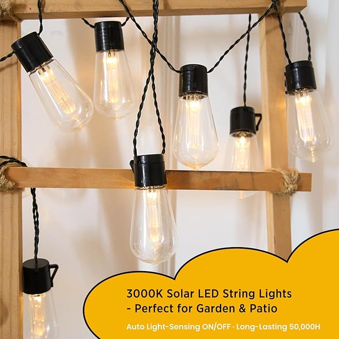 VENETIO 30LED 12m Solar String Lights Outdoor Waterproof, [3000K Auto Light-Sensing] 50,000H Long-Lasting, 8 Lighting Modes + 4 Timer/Dimmer Remote Control, Shatterproof IP54 Garden Patio Lights