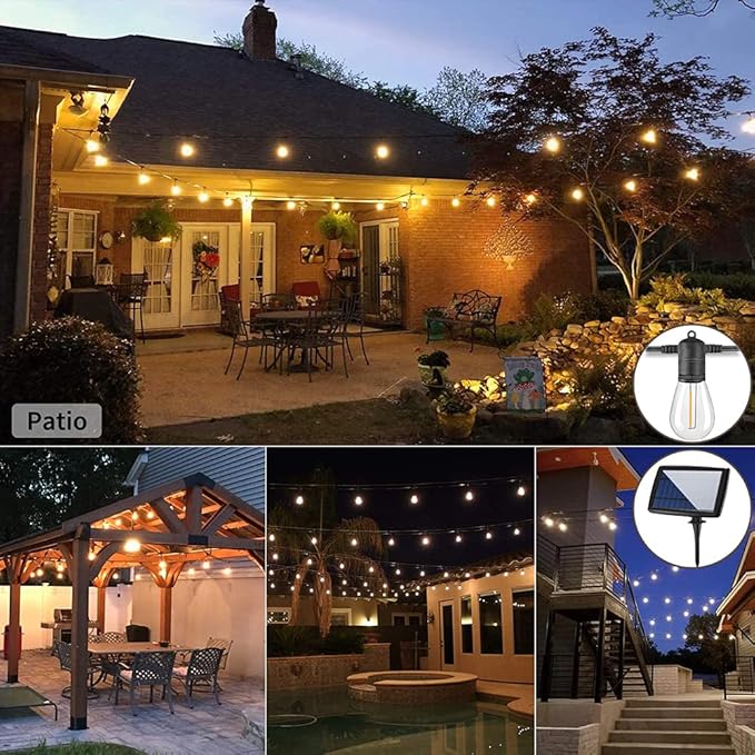 Solar Powered String Lights Outdoor Waterproof 39FT, Patio Lights Solar Powered with 12 Shatterproof S14 LED Bulb, Solar Outdoor String Lights 4 Light Modes for Garden Balcony Backyard Yard