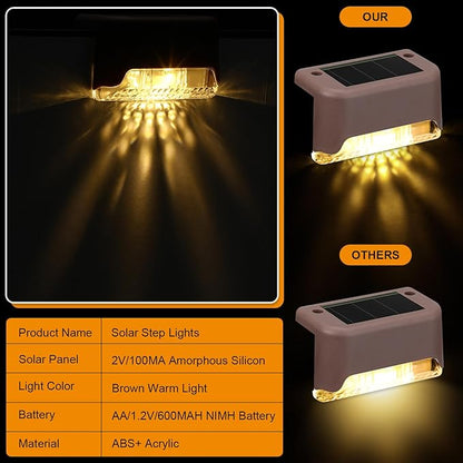 Geelin 32 Pcs Solar Deck Lights Outdoor, Waterproof LED Solar Step Fence Lights for Stairs, Step, Railing, Patio, Driveway, Garden, Pathway and Yard(Brown Shell Warm White Light)