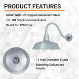 14in. Galvanized Finish Outdoor Gooseneck Barn Light Fixture with 14.5 in. Long Extension Arm - Wall Sconce | Lumora