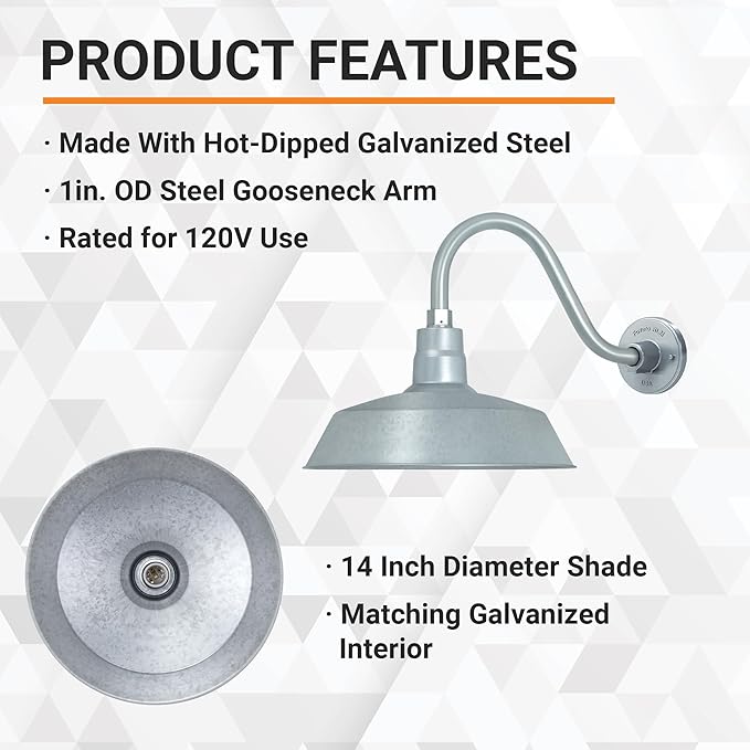 14in. Galvanized Finish Outdoor Gooseneck Barn Light Fixture with 14.5 in. Long Extension Arm - Wall Sconce | Lumora