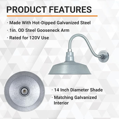 14in. Galvanized Finish Outdoor Gooseneck Barn Light Fixture with 14.5 in. Long Extension Arm - Wall Sconce Farmhouse, Antique Style - UL Listed - 9W 900lm A19 LED Bulb (5000K Cool White) - 2-Pack